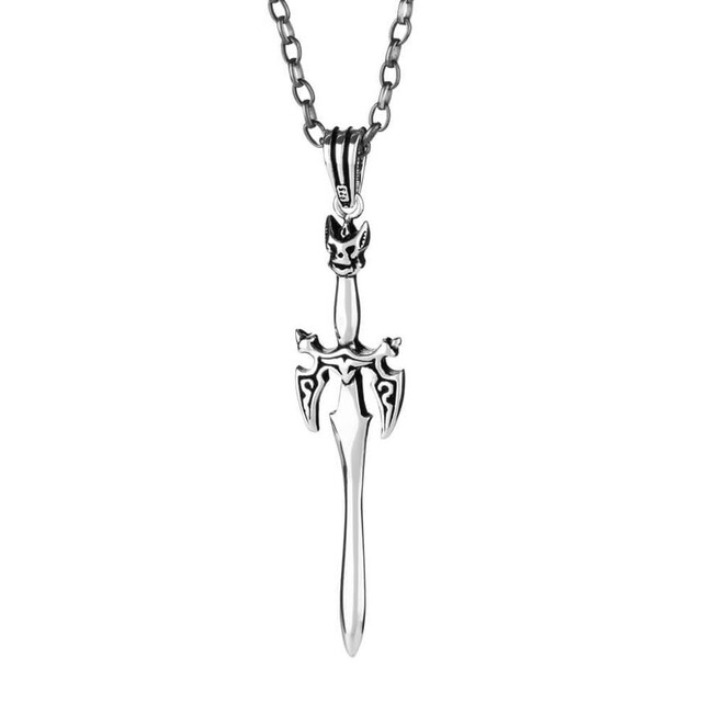 925 Sterling Silver Sword Motif Men's Necklace (Thick Chain) - 1