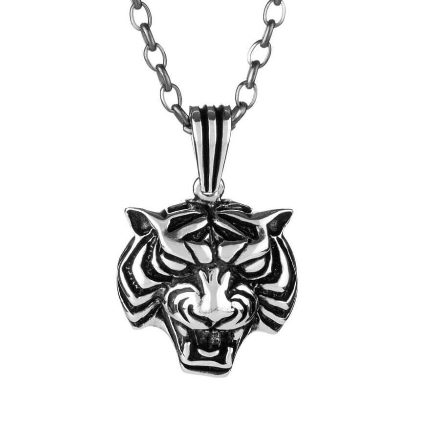 925 Sterling Silver Tiger Motif Men's Necklace (Thick Chain) - 1