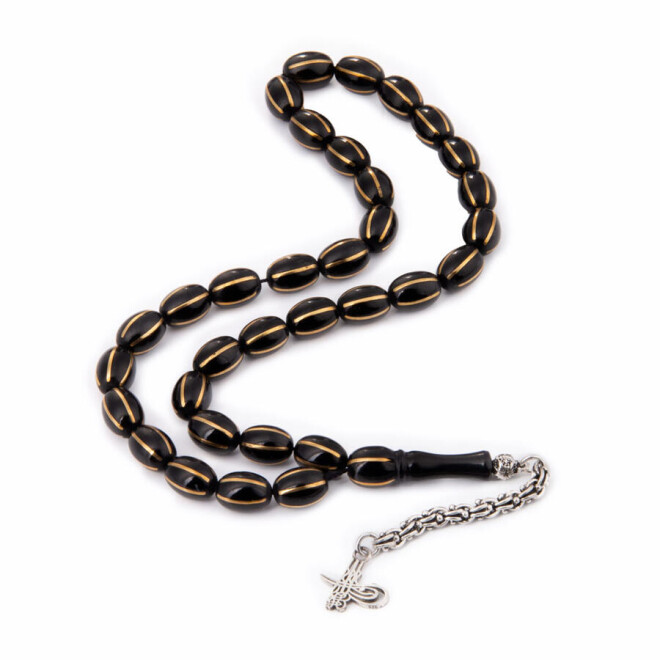 925 Sterling Silver Tugra Tasseled Capsule Cut Embroidered Oltu Rosary - 1