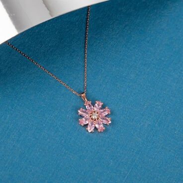 925 Sterling Silver Women's Flower Necklace with Pink Zircon Stone - 1
