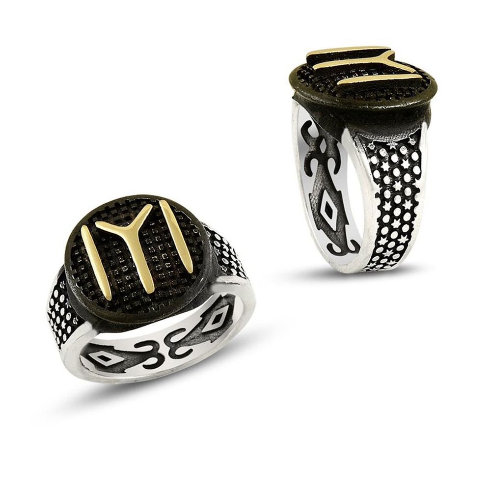 A black-plated silver ring for men, with a beige pattern of kai - 1