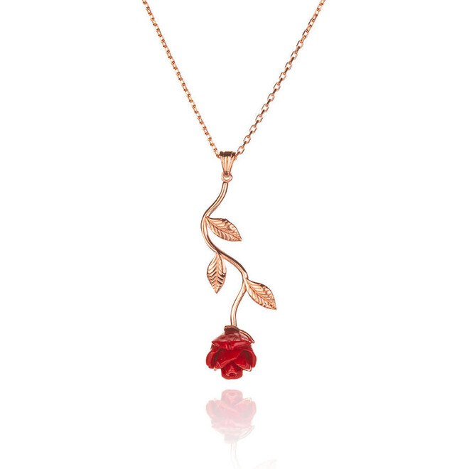 A silver necklace for women with a red rose design. - 1