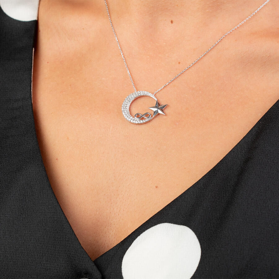 A silver necklace for women with the design of the Turkish flag symbol of the crescent-star - 2
