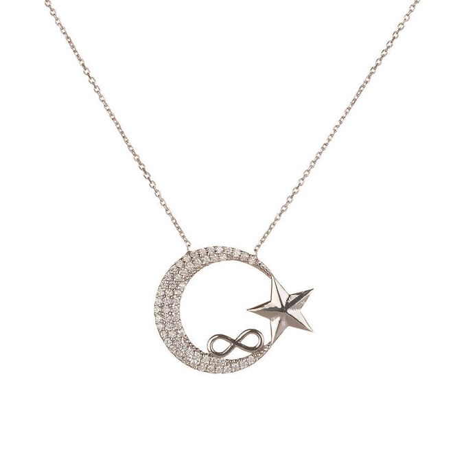A silver necklace for women with the design of the Turkish flag symbol of the crescent-star - 1