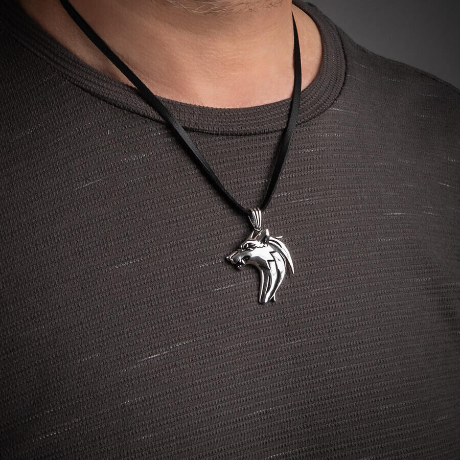 Alpha Wolf 925 Sterling Silver Wolf Men's Necklace with Leather Cord - 2