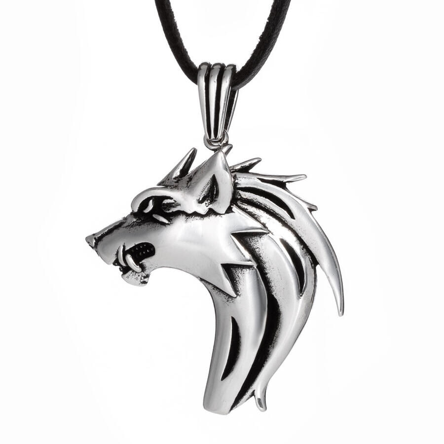 Alpha Wolf 925 Sterling Silver Wolf Men's Necklace with Leather Cord - 1