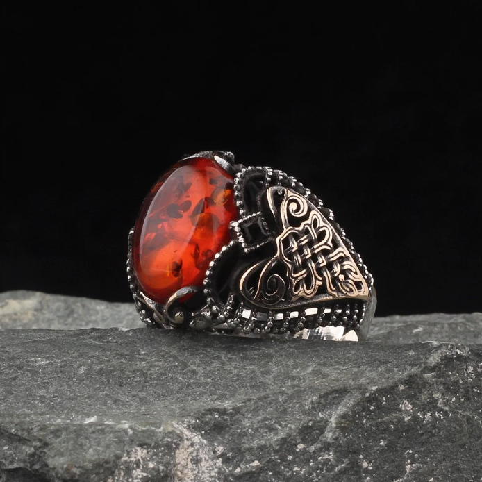 Amber Stone Patterned 925 Sterling Silver Men's Ring - 1