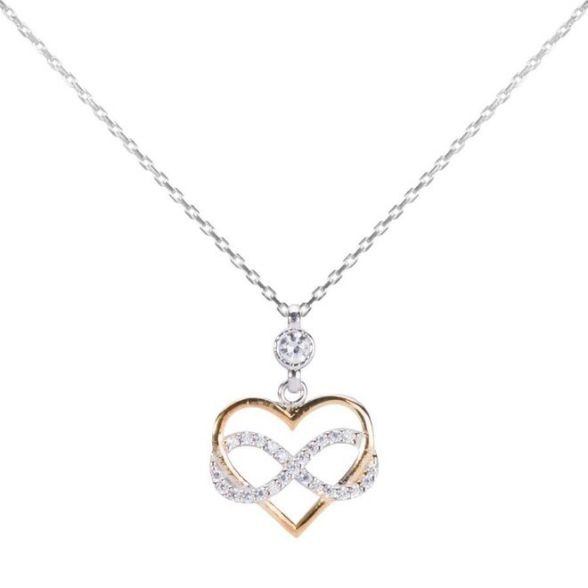 An infinity symbol silver necklace for women studded with zircon stone and a golden heart - 1