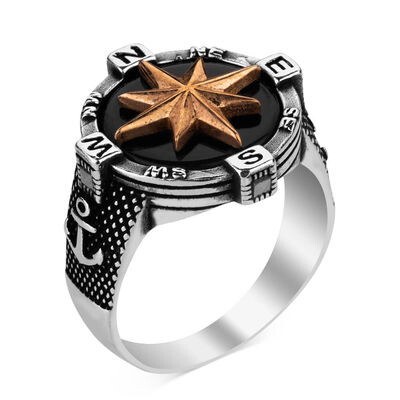 Anchor Compass Design Silver Men Ring - 1