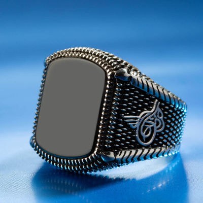 Black garnet silver 925 ring with Othoman symbols - 2