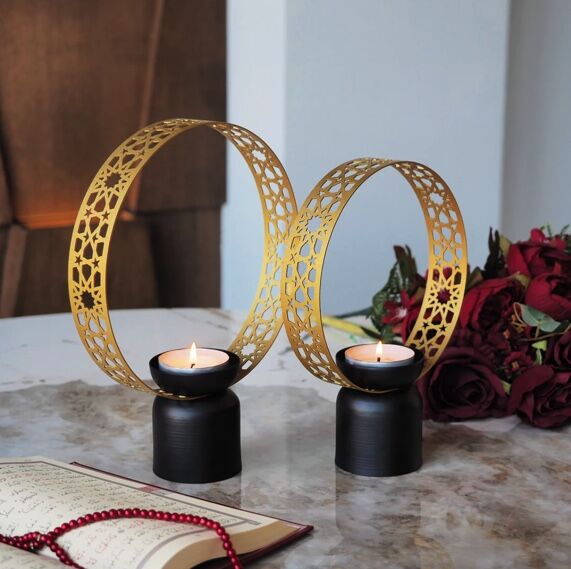 Candle holder set with metal Islamic decoration - 2 pieces - 1