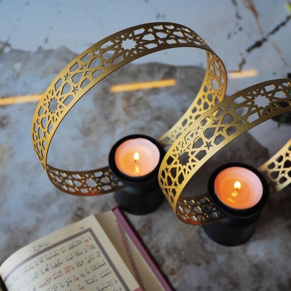 Candle holder set with metal Islamic decoration - 2 pieces - 2