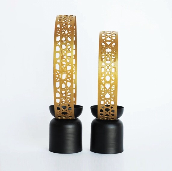 Candle holder set with metal Islamic decoration - 2 pieces - 5