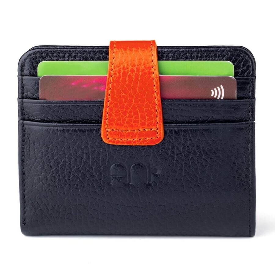Classic Leather Wallet for Men Customizable in Two Different Colors - Black/Orange - 1