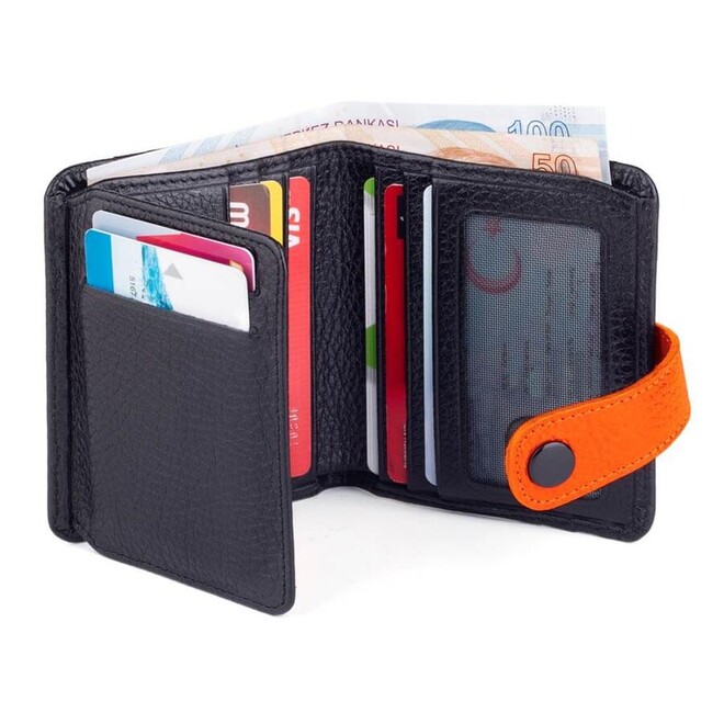 Classic Leather Wallet for Men Customizable in Two Different Colors - Black/Orange - 4