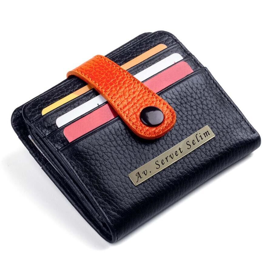 Classic Leather Wallet for Men Customizable in Two Different Colors - Black/Orange - 6
