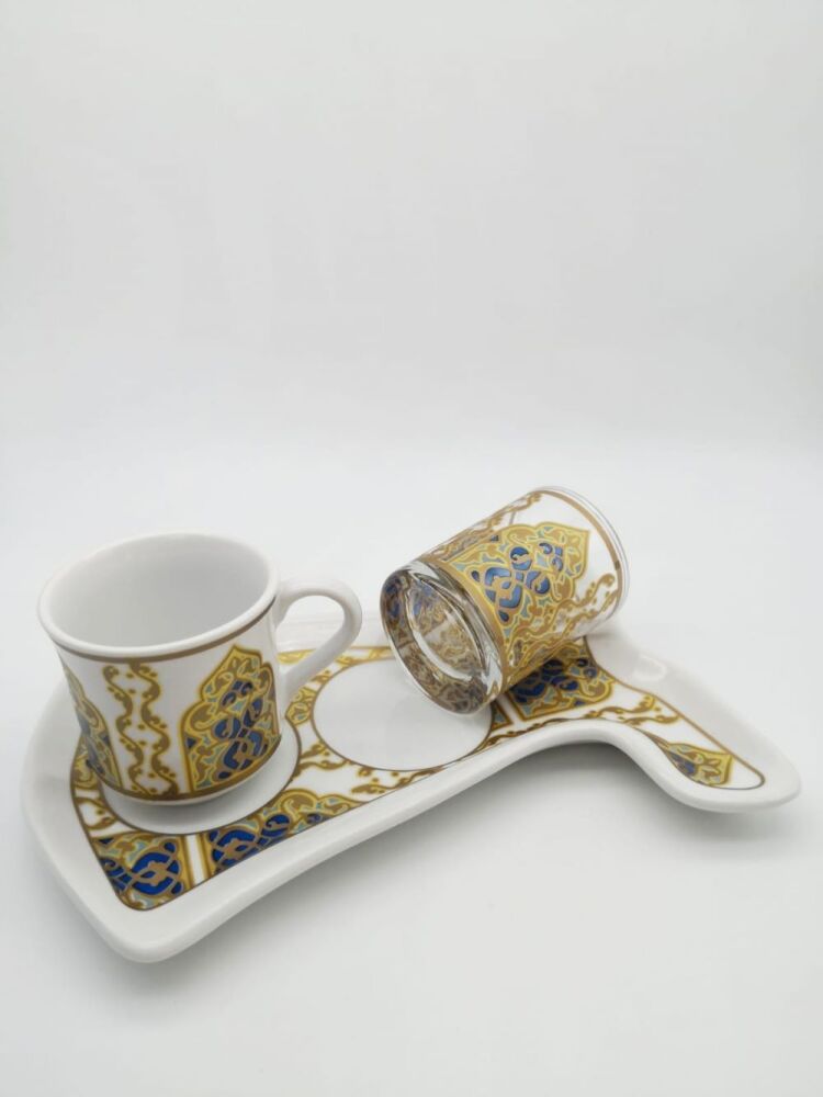  Coffee Cup Set Decorated with Gold and Blue For One Person With Small Serving Tray - 1
