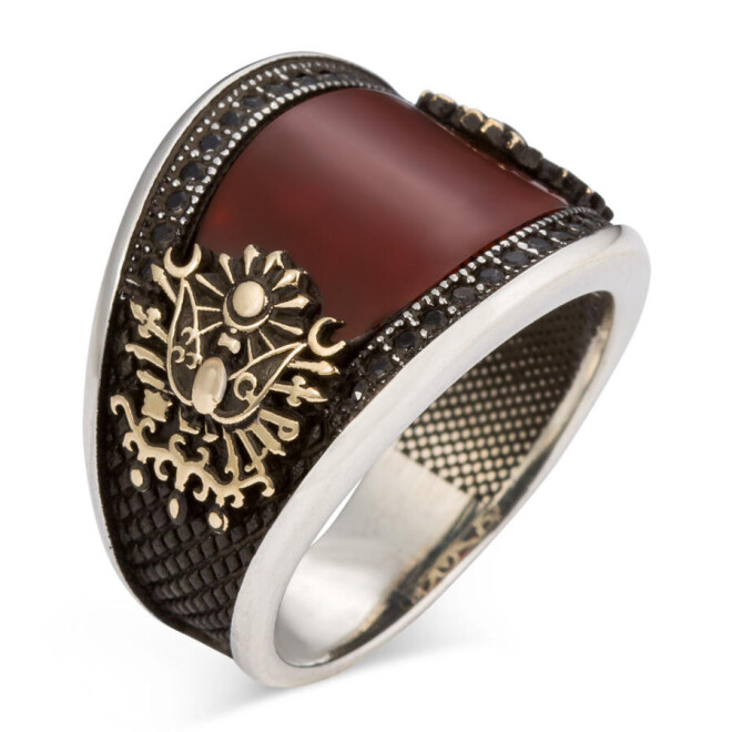 Ottoman Inspired design Sterling Silver Men's Ring with mini red Agate and Dark Claret Stone - 1