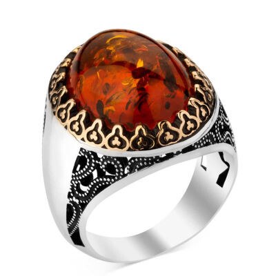 Deluxe Engraved Ring with turquoise stone - Silver Ring for Men - 1