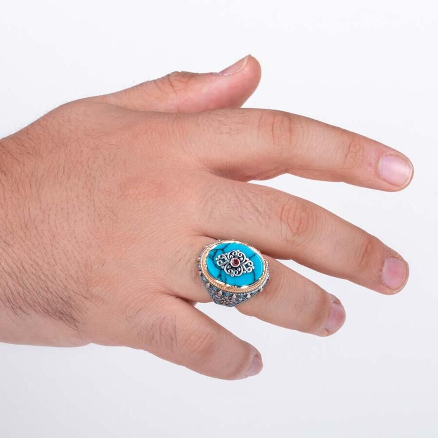 Distinctive geometry Engraved Ring with turquoise stone - Silver Ring for Men - 2