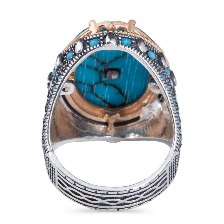Distinctive geometry Engraved Ring with turquoise stone - Silver Ring for Men - 3