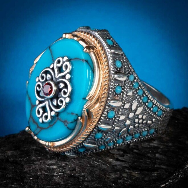 Distinctive geometry Engraved Ring with turquoise stone - Silver Ring for Men - 5