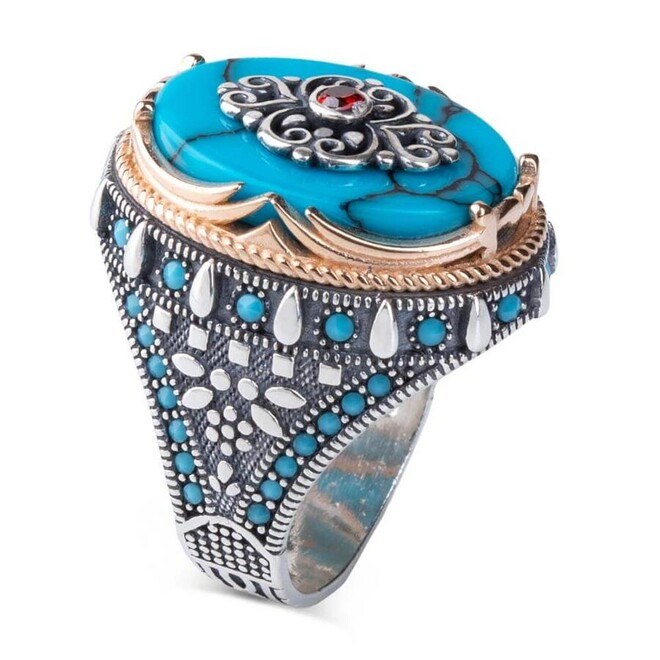 Distinctive geometry Engraved Ring with turquoise stone - Silver Ring for Men - 1
