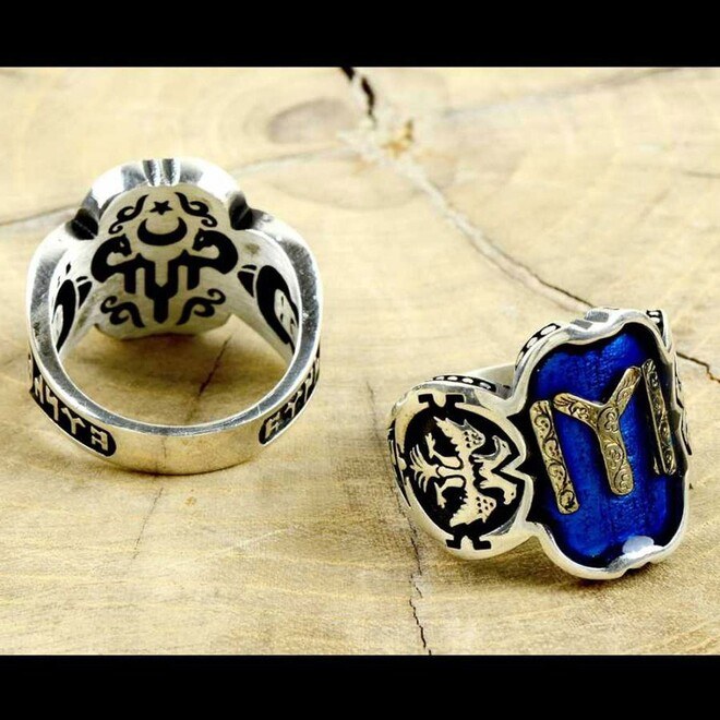 Double Decoration Men's Silver Ring, Enameled With Kai Pattern. - 2