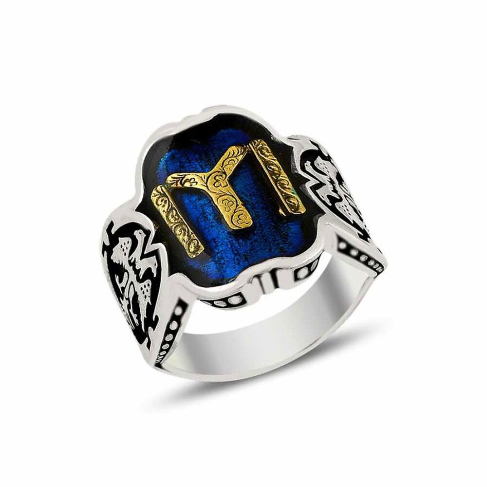 Double Decoration Men's Silver Ring, Enameled With Kai Pattern. - 1