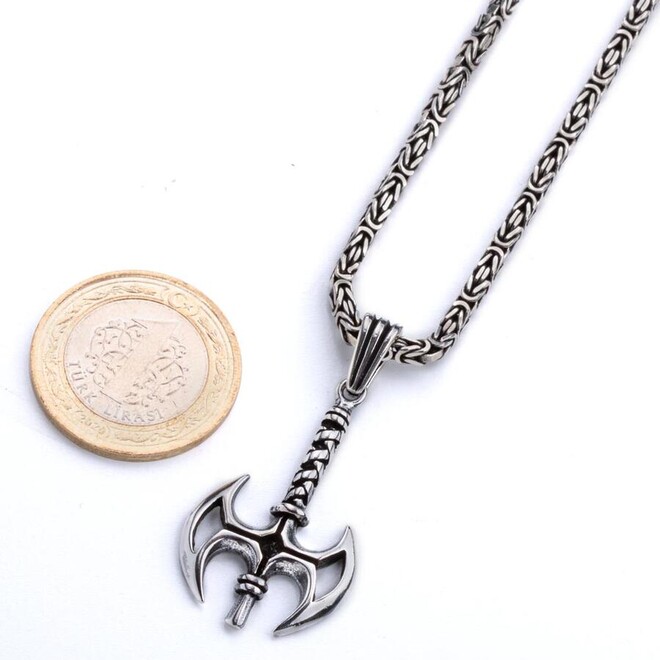 Double Sided Ax 925 Sterling Silver Men's Necklace With King Chain - 3