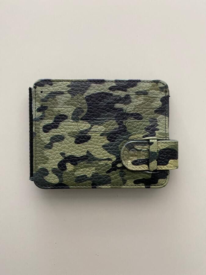 Double Sided Genuine Leather Men's Card Holder Wallet Green Camouflage With Coin Buckle - 1