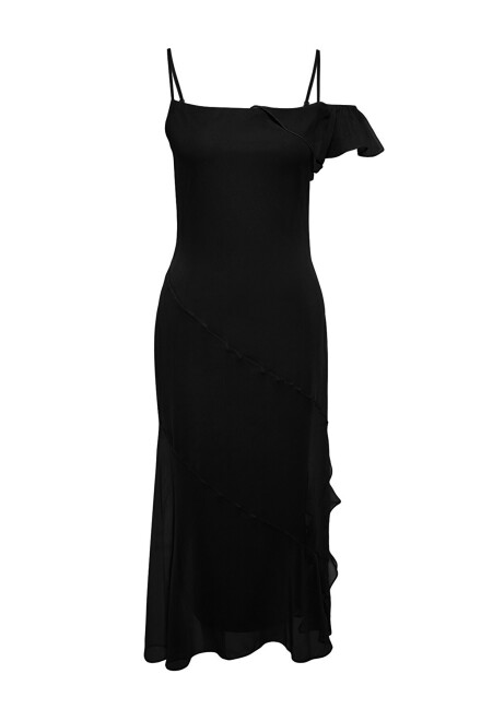 Elegant chiffon evening dress in black color with ruffle details - 1