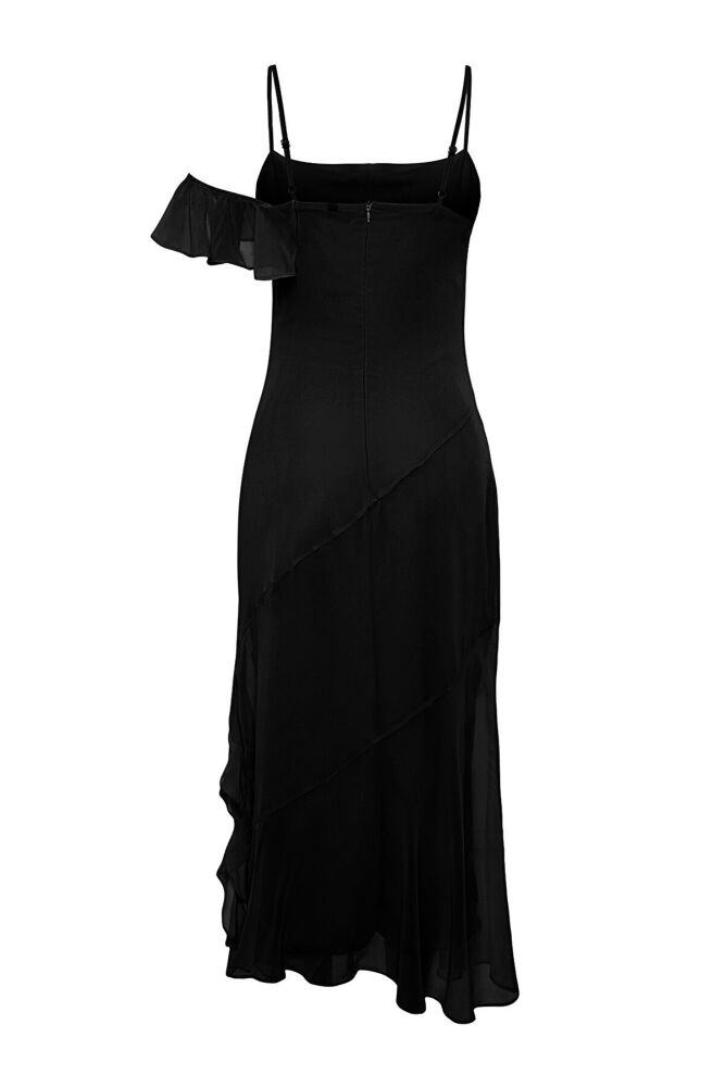 Elegant chiffon evening dress in black color with ruffle details - 2