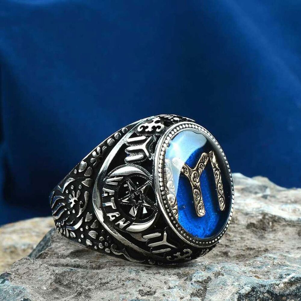 Enamel polished men's silver ring with kai symbol engraving - 4