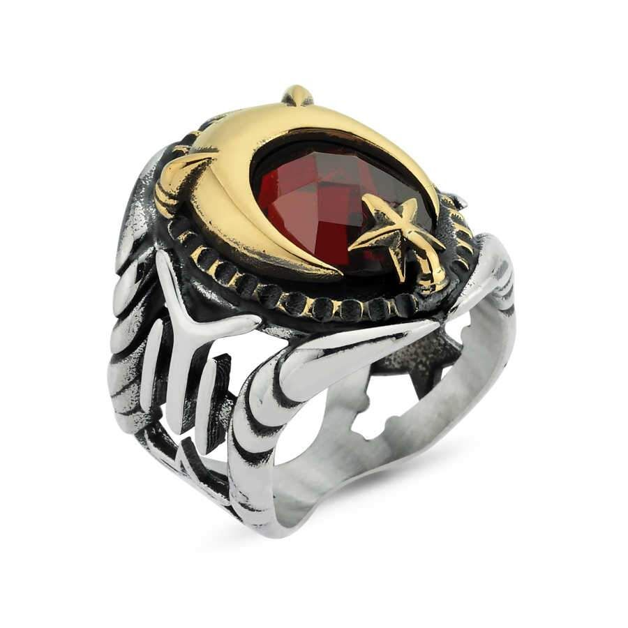 Enameled silver men's ring symbolizing the crescent and star with the Kai inscription - 1