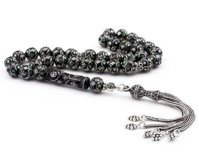 Erzurum's lignite Rosary decorated with green enamel and 925 silver tassel - 1