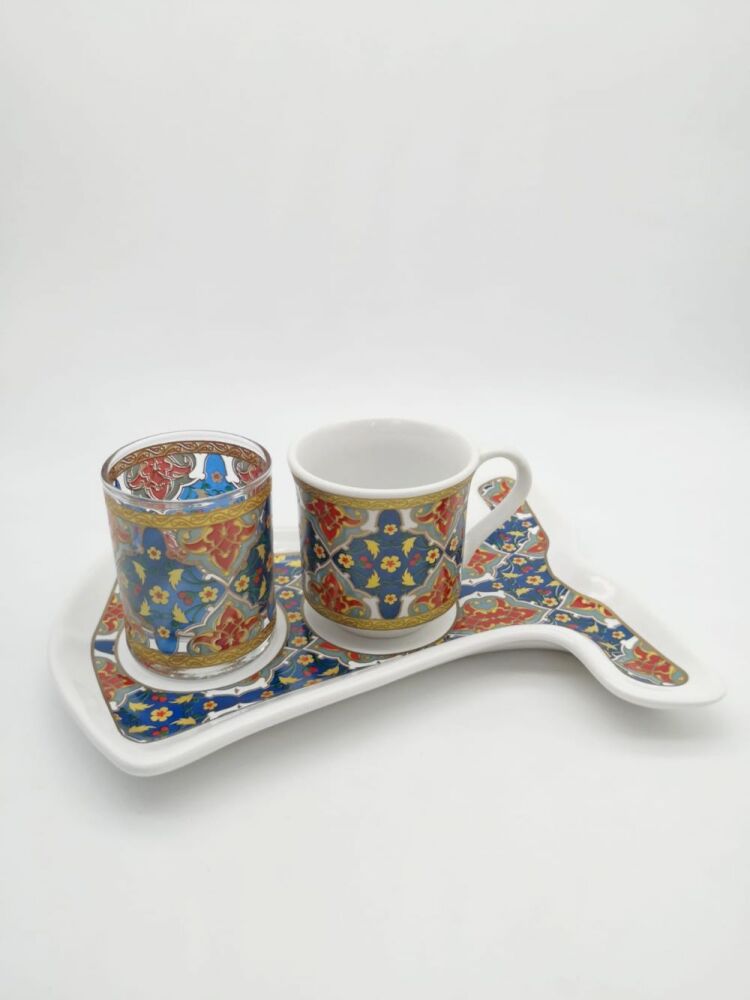 Geometric Patterns Coffee Cup Set For One Person With Small Serving Tray - 1