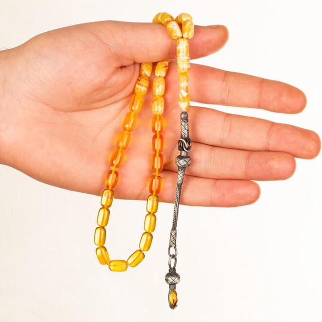 Glass Pressed Amber rosary decorated with intertwining yellow shades - 3