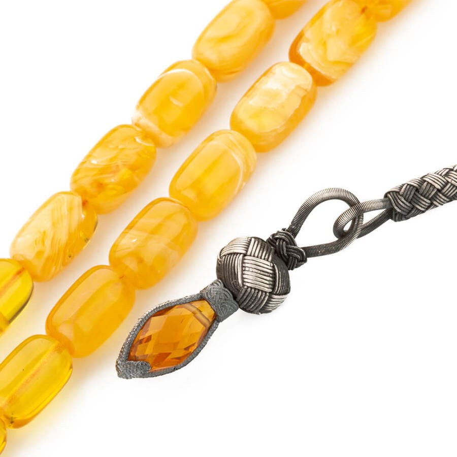 Glass Pressed Amber rosary decorated with intertwining yellow shades - 4