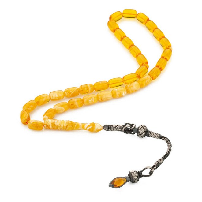 Glass Pressed Amber rosary decorated with intertwining yellow shades - 1