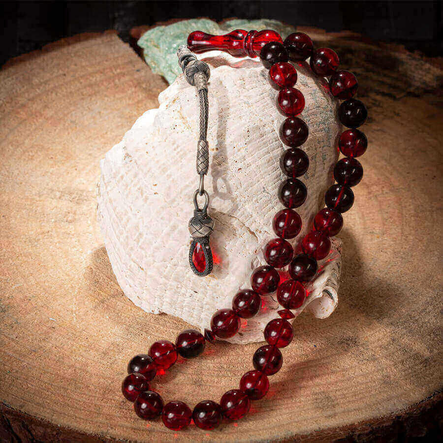 Glass Pressed Amber Rosary with spherical mixed red colored beads - 2