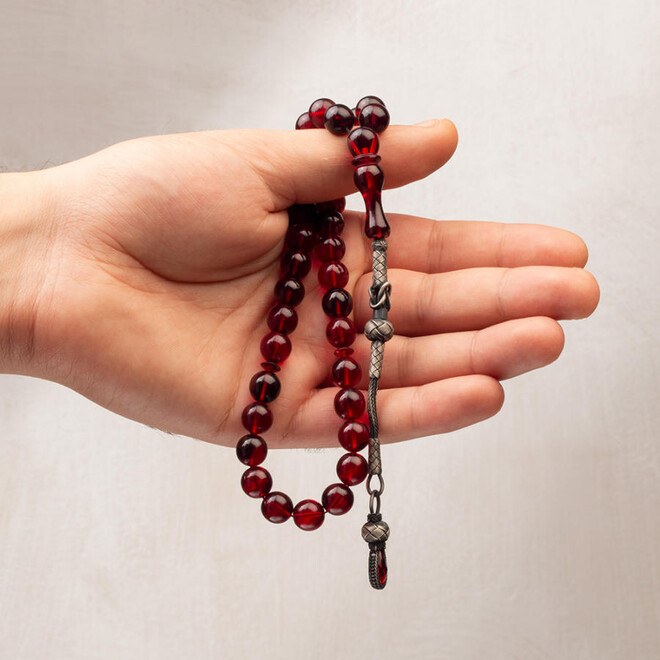 Glass Pressed Amber Rosary with spherical mixed red colored beads - 3