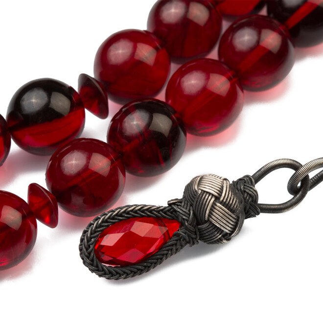 Glass Pressed Amber Rosary with spherical mixed red colored beads - 4