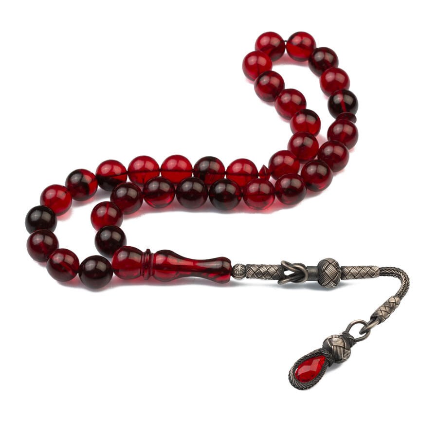 Glass Pressed Amber Rosary with spherical mixed red colored beads - 1
