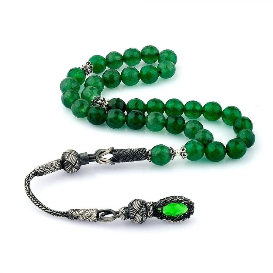 Green agate rosary with silver -glass tassel - 1