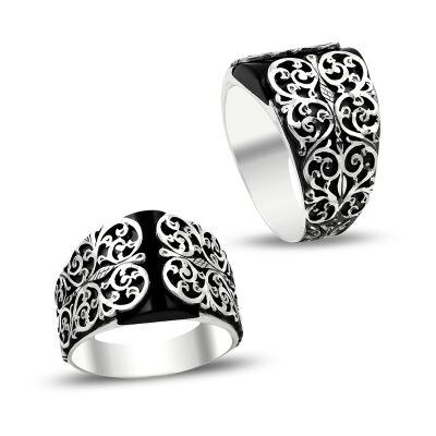 Anı Yüzük - Hand engraved silver men's ring with black onyx stone