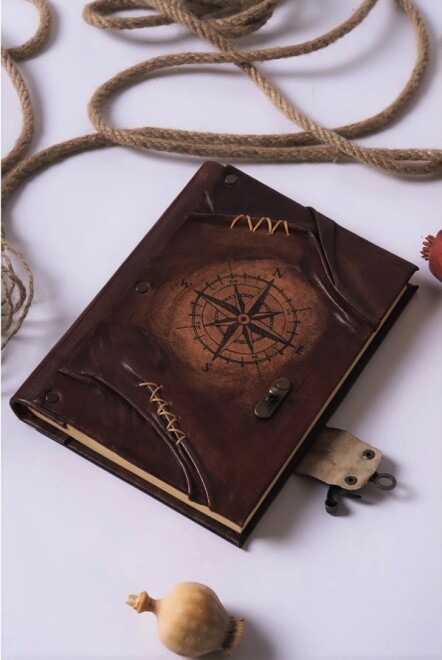 Handmade genuine leather diary notebook with compass pattern - 1