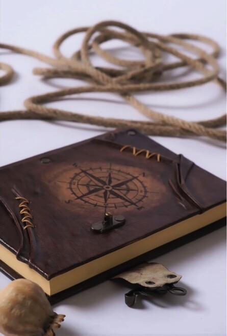 Handmade genuine leather diary notebook with compass pattern - 5