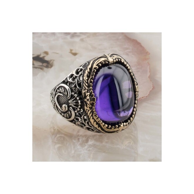 925 Sterling Silver Men's Ring with Purple Zircon Stone and Vav detailed - 1