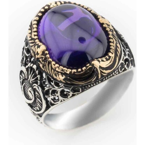 925 Sterling Silver Men's Ring with Purple Zircon Stone and Vav detailed - 2